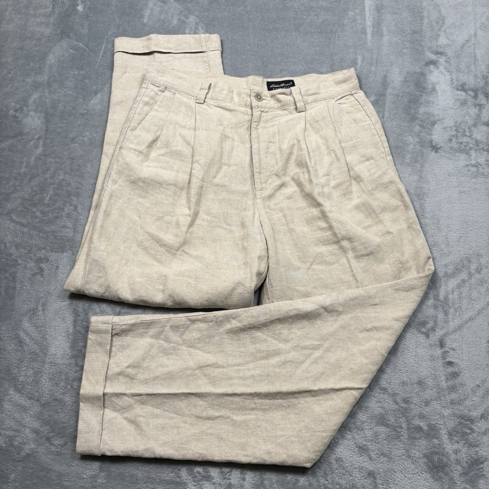 Eddie Bauer 100% Linen Pants Men's 35x32 Beige Pleated Chino Coastal Old Money